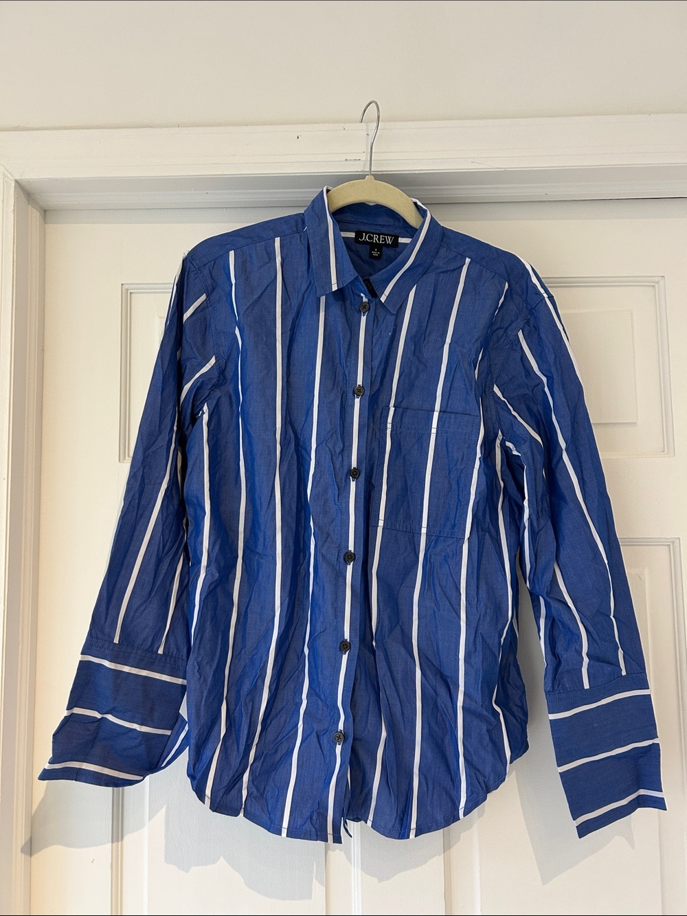 J. Crew Women’s Navy & White Vertical Stripe Button-Down Shirt with pocket, 8